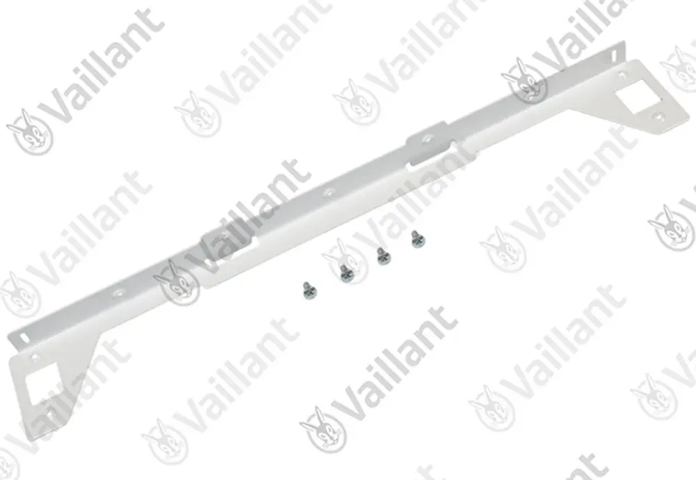 Vaillant Halterung aus Metall in Weiß mit dazugehörigen Schrauben, geeignet für Montageanwendungen.